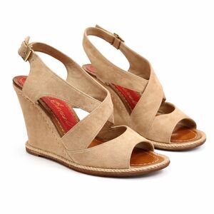 Revolve Paloma Barcelo Tan Suede Crisscross Wedge Round Toe Sandal